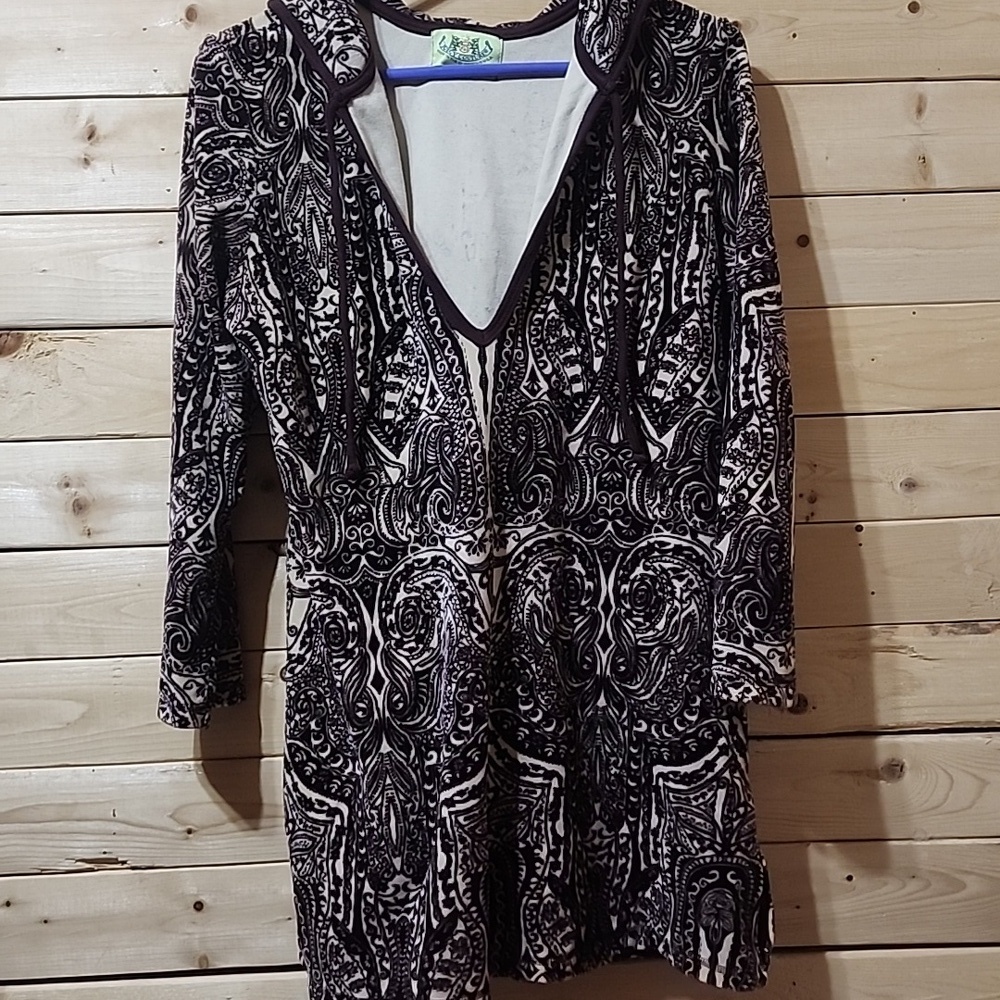 Juicy Couture Brown & Beige Long Sleeve Hooded Paisley Velour Top Y2K ~ Size L